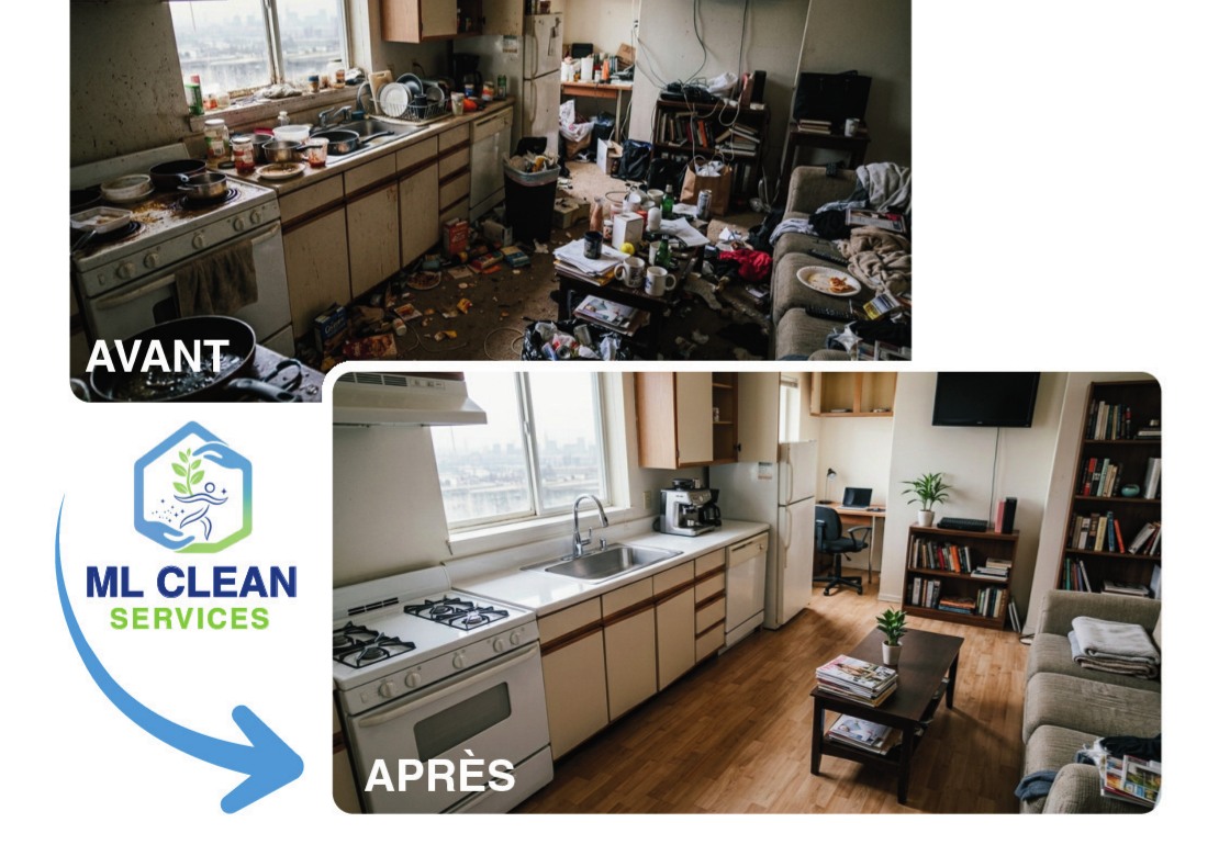 Une cuisine encombrée avant intervention, puis remise en état après le passage de ML Clean Services